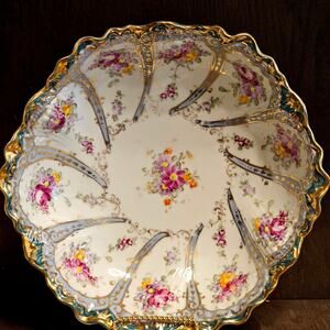 Vintage Porcelain Hand Painted 11" BOWL Pink Yellow Roses ANTIQUE Blue Turquoise